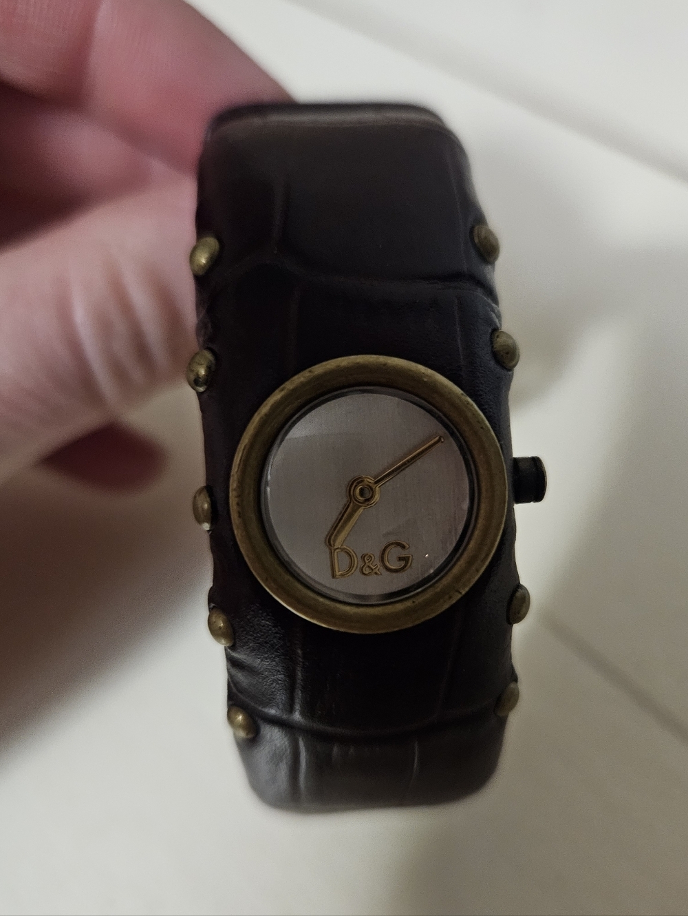 D&G Brown Leather Vintage Cuff Watch with Gold-Tone Studs